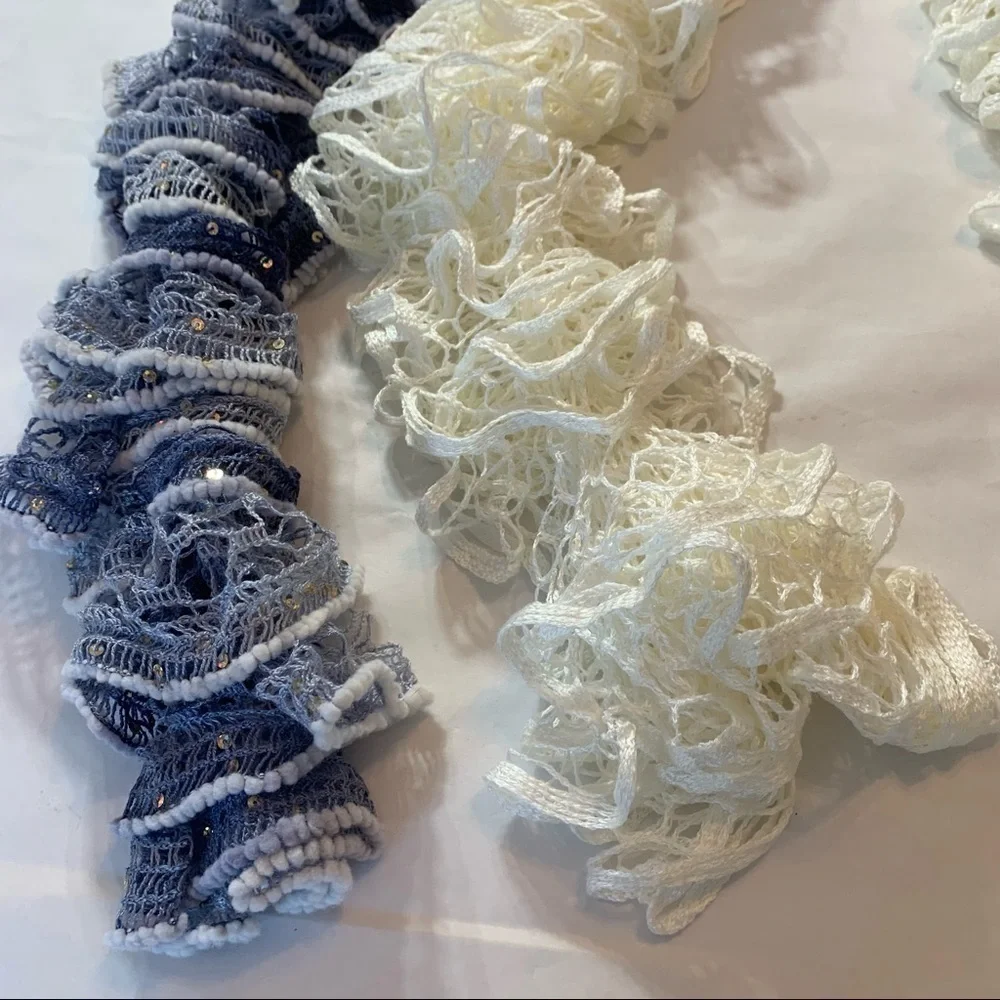 Hand crafted crocheted bell Denim Ivory 2 Piece Scarf set whimsical gypsy